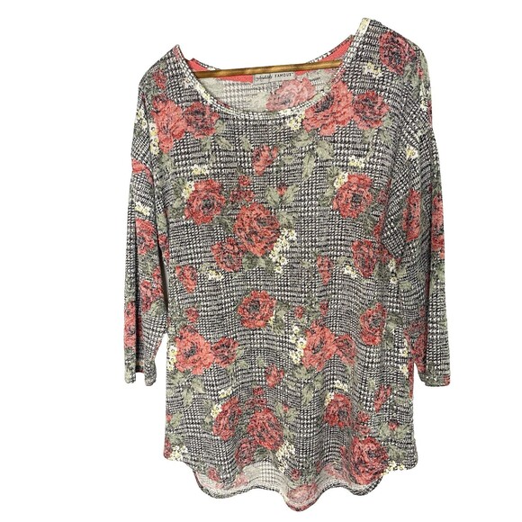 ABSOLUTELY FAMOUS Tunic Top Plaid Red Floral Stretch 3/4 Sleeve Blouse Womens XL - Picture 1 of 7